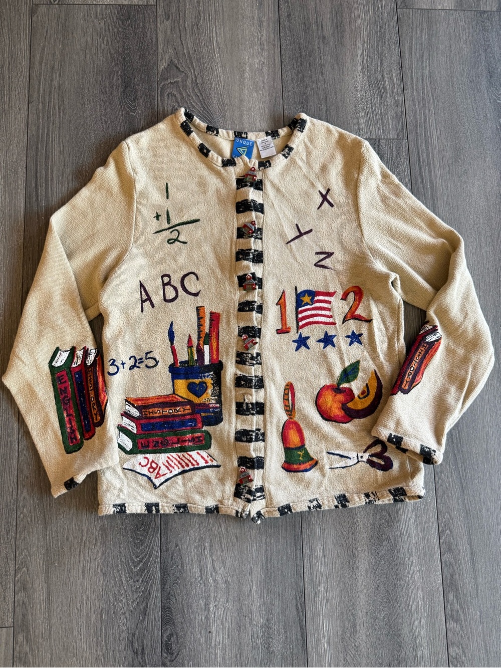 Vintage 90s Onque Casuals Teacher Cardigan Sweater Small Cotton Novelty ABC